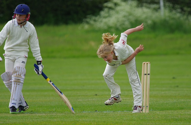 Fast bowler in action, motion blur with neon trails, showcasing speed and precision.